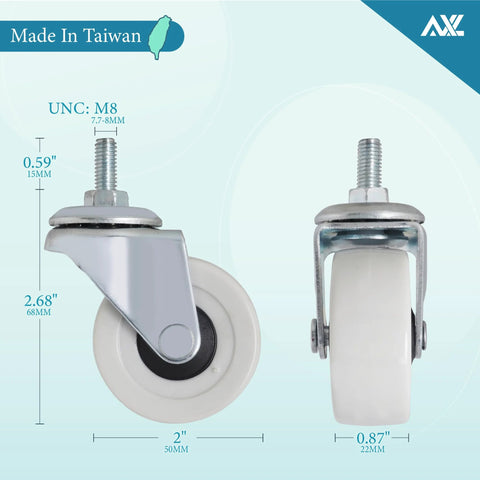AXL M8x15mm caster wheels with 2-inch threaded stem; PVC heavy-duty locking casters with brakes, front and side views (pack of 4)