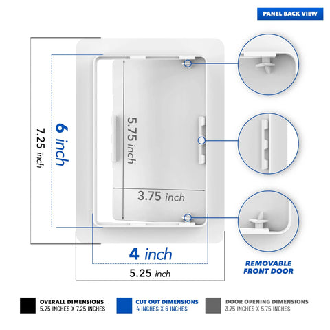 Top Shelf 4X6 Drywall Access Panel for Ceilings and Walls with dimensions, removable door, and cutout details in white.