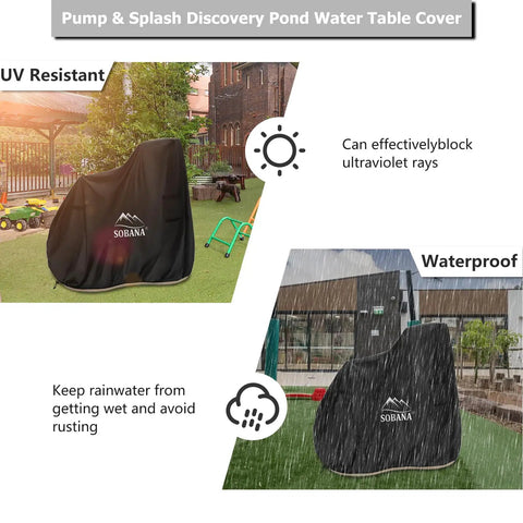 Durable Kids Water Table Cover For Pump And Splash Discovery Pond Water Table Weatherproof 600D Oxford Fabric With UV Coating Dustproof Outdoor Cover Fits 30L X 40W X 38H Inches Black covering a water table in garden setting.