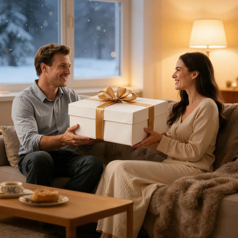 Couple exchanging gift beside table, potential Indoor Hydroponics Growing System Kit With 13 Pods Dimmable Grow Light.