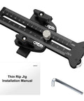 Dead Nuts On Accuracy Thin Rip Jig For Table Saw with dual rollers, installation manual, and hex wrench for woodworking.