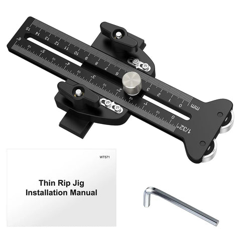 Dead Nuts On Accuracy Thin Rip Jig For Table Saw with dual rollers, installation manual, and hex wrench for woodworking.