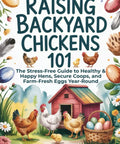 Illustration of a red chicken coop with hens and eggs, promoting 'Stress Free Backyard Chicken Guide For Beginners' by Eleanor Grey.