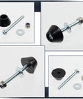 All In One Round Furniture Glide Kit In Black Plastic With 4 Glides, 4 M3 Screws, 4 Locking Nuts, And 4 Washers displayed