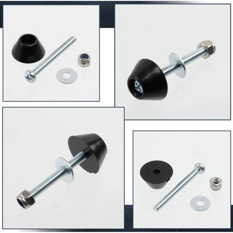 All In One Round Furniture Glide Kit In Black Plastic With 4 Glides, 4 M3 Screws, 4 Locking Nuts, And 4 Washers displayed