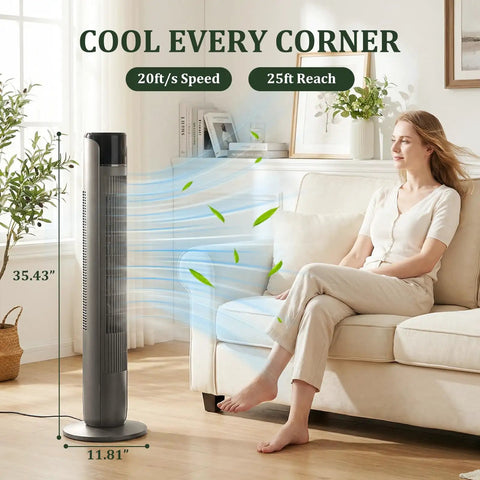 Ace Bladeless Tower Fan That Beats The Heat With Slick Indoor Cooling And Ultra Quiet Operation Featuring Five Speeds Sixty Degree Rotation Remote Control Settings And Led Display For Bedroom Or Home Office Chill Out Zones, 35.43" tall fan with strong airflow in living room.