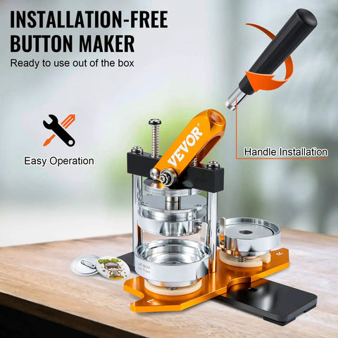 75 Mm Button Maker Kit Punch Press for DIY Badges and Crafts with easy handle installation on a wooden surface