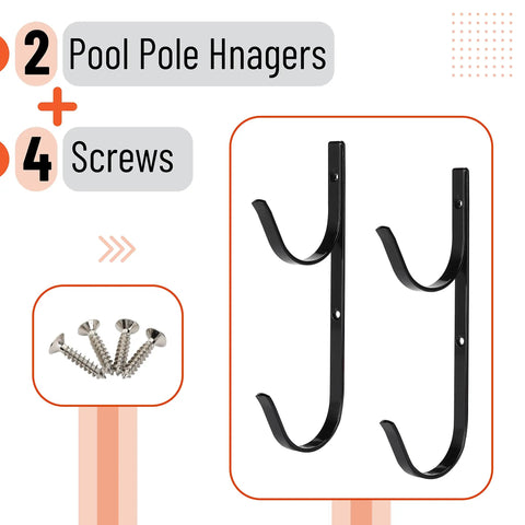 2 Pack Pool Pole Hangers, Heavy Duty Aluminum Pool Pole Hooks With Screws, wall or fence mount displayed with included screws