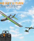 Easy To Fly 4CH RC Plane With 6 Axis Gyro For Beginners And Adults, performing a one-key U-turn in the sky, remote in view.