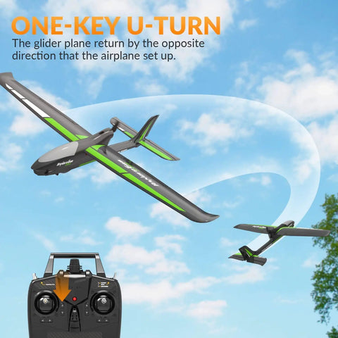 Easy To Fly 4CH RC Plane With 6 Axis Gyro For Beginners And Adults, performing a one-key U-turn in the sky, remote in view.