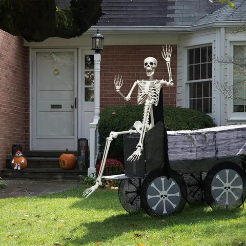 5.9-Foot Life-Size Poseable Skeleton For Halloween Decor on cart in front yard