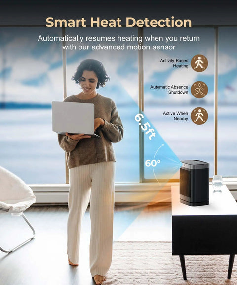 Woman near Space Heater With Motion Sensor Portable Indoor Ceramic Heater 1500W Oscillating With Remote Timer And Thermostat The Real Deal looking at laptop in living room with motion sensor displayed