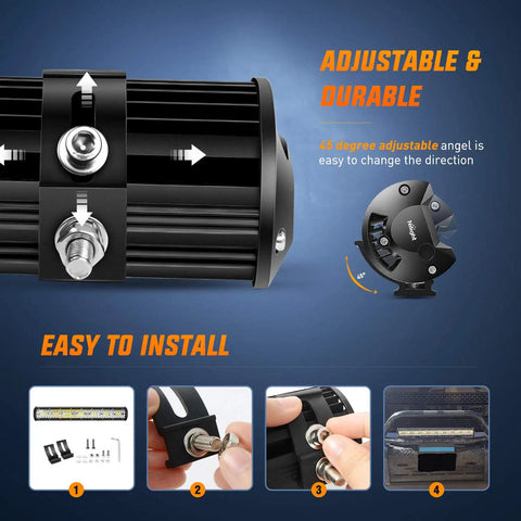 Close-up of 20Inch 420W LED Light Bar Triple Row Flood Spot Combo showing adjustable mount and installation steps