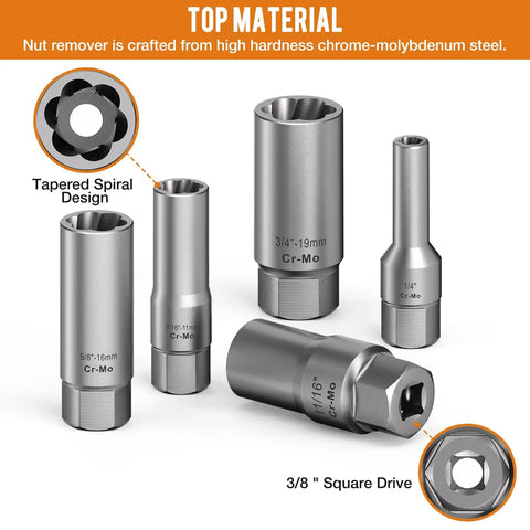 Heavy Duty 16 Piece 3/8 Inch Drive Deep Socket Extractor Set That Makes Stripped Bolts And Frozen Nuts A Walk In The Park Metric Sae Sizes With Hex Adapter Pro Gear showing chrome-molybdenum deep sockets.