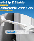 Premium 26 Inch Flip Up Toilet Grab Bar With Sturdy Support Leg And Glowing Night Strips For Non Slip Rock Solid Wall Mounted Bathroom Safety Gear, showing wide grip design and mounted next to toilet.