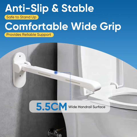Premium 26 Inch Flip Up Toilet Grab Bar With Sturdy Support Leg And Glowing Night Strips For Non Slip Rock Solid Wall Mounted Bathroom Safety Gear, showing wide grip design and mounted next to toilet.