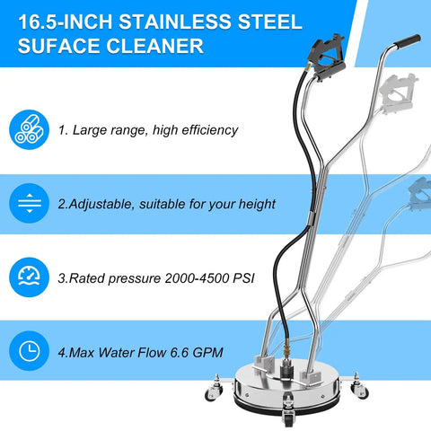 16.5 Inch Pressure Washer Surface Cleaner With 304 Stainless Steel Housing Dual Handles 4500 PSI Driveway Attachment