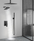 Shower Faucet Set Ceiling Mount System With Dope Dual 12 Inch And 6 Inch Shower Heads Matte Black Rustproof Design in bathroom