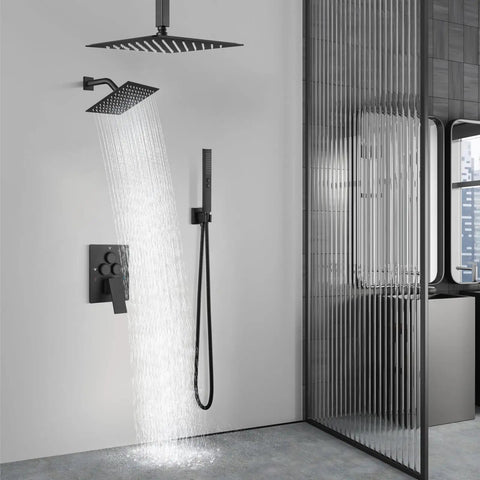 Shower Faucet Set Ceiling Mount System With Dope Dual 12 Inch And 6 Inch Shower Heads Matte Black Rustproof Design in bathroom