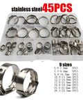Top Grade 45 Piece Assortment Kit Of Stainless Steel Single Ear Hose Clamps Ranging From 5 Point Eight To 23 Point Five mm For Your DIY Projects And Auto Repairs With Stepless Adjustment And Rust Proof Build, 45-piece case