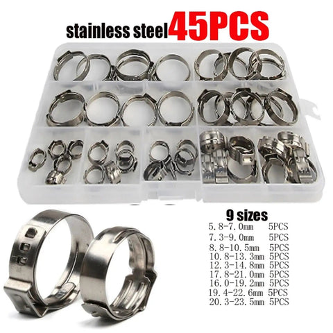 Top Grade 45 Piece Assortment Kit Of Stainless Steel Single Ear Hose Clamps Ranging From 5 Point Eight To 23 Point Five mm For Your DIY Projects And Auto Repairs With Stepless Adjustment And Rust Proof Build, 45-piece case