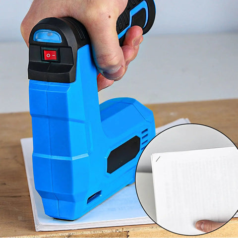 Slick Cordless Electric Brad Nailer And Staple Gun Rechargeable 2 In 1 Bottom Loading Fastening Tool with hand holding blue tool fastening pages.