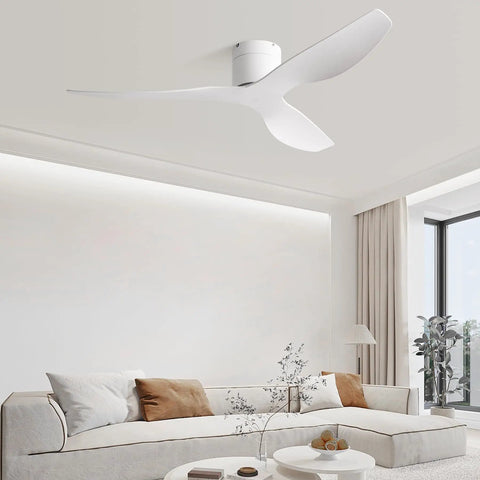 52 Inch White Ceiling Fan No Light Low Profile Flush Mount With Remote 6 Speed Quiet DC Motor Reversible Powerful Airflow For Balcony