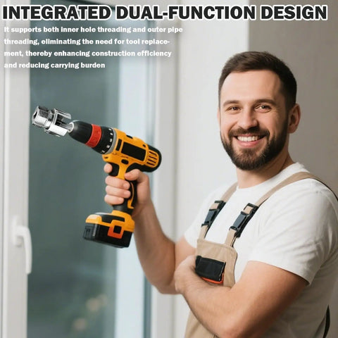Kick Some Grass With This Killer 3 Piece Pvc Pipe Threader Set Designed For 1/2 And 3/4 And 1 Inch Plastic Pipes Electric Drill Ready dual function tool with a drill in use.