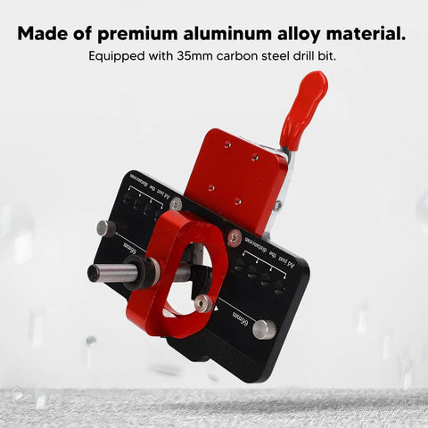 35mm Hinge Jig With Concealed Positioning, Adjustable Pressure Plate And Quick Fix Clips shown with aluminum material and drill bit
