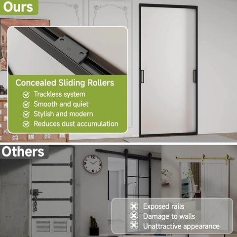 Concealed Sleek Sliding Glass Barn Door Kit With Soft Close Hardware, 40 By 87 Inches, Frosted Tempered Glass, Modern Black Frame