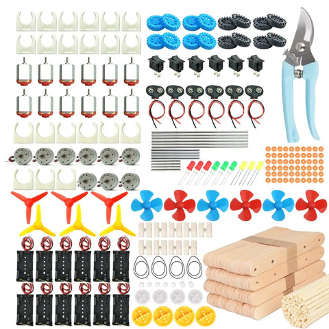 465 Piece DC Motor Kit For DIY STEM Projects With LED Lights Vanes Propeller AA Battery Holder Plastic Gears