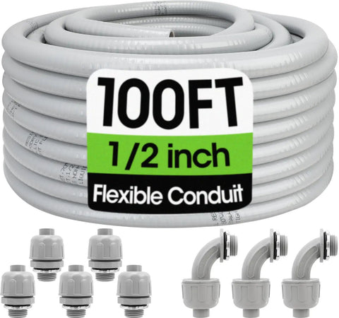 100 Ft Liquid Tight Conduit And Connector Kit For Half Inch Flexible Non Metallic Electrical Conduit With Five Straight And Three Angle Fittings PVC Conduit Kit No Fuss Setup Built To Last Corrosion Resistant With Smooth Interior For Easy Wire Pulling