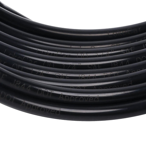 Heavy Duty Nylon Air Line 25ft One Quarter Inch OD Pneumatic Tube DOT Approved SAE J844 Airline Black Coiled Close-Up