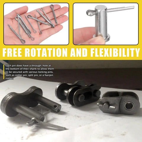 Clevis Pin Kit 51 Single Hole Flat Head Clevis Pins In 18 Sizes Plus 51 Random Size Split Cotter Pins Three Sixteenths Inch To One Half Inch Zinc Plated Carbon Steel Easy Storage In Plastic Organizer Box Great For Garage Use Total 102 Pieces, showing clevis pins and cotter pins.