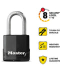Front view of black Magnum Heavy Duty Outdoor Padlock with tough-cut shackle, weather resistant, ideal for security of fences, gates, sheds.
