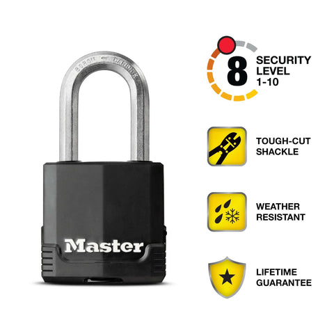 Front view of black Magnum Heavy Duty Outdoor Padlock with tough-cut shackle, weather resistant, ideal for security of fences, gates, sheds.