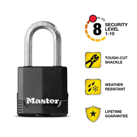 Beefy Heavy Duty Outdoor Padlock With Key 2 Pack Weather Resistant Body And Cut Safe Shackle Ideal For Fences Gates Sheds Storage Units And Tool Boxes Durable Lock For Outdoor Use Black M115XTLF shown with features