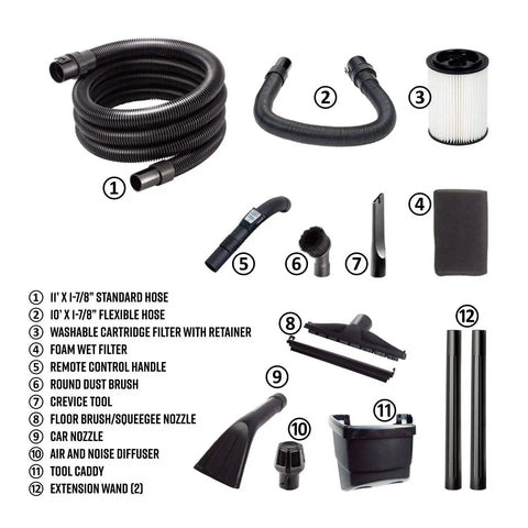 Accessories of 5 Gallon Wall Mount Wet Dry Vacuum With Remote Control 5 Peak HP Ultra Quiet 2 Stage Motor For Easy Shop And Garage Cleanup For Home