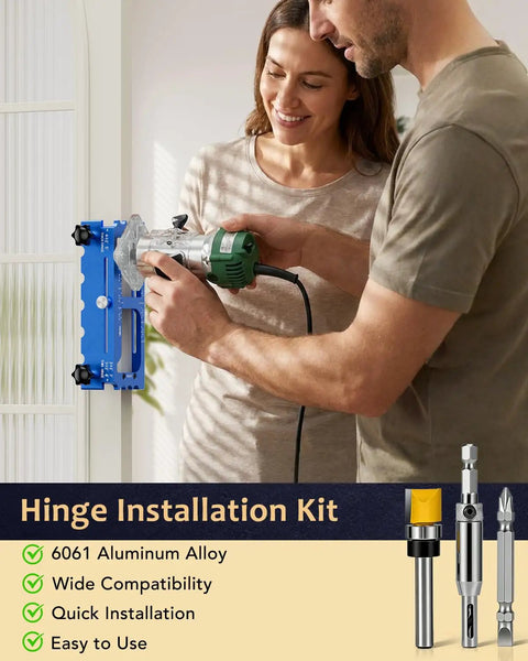 Adjustable Door Hinge Jig For Router, Heavy-Duty Aluminum Alloy Mortise Template Fits 2.5 To 5 Inch Hinges, in use with handheld router.