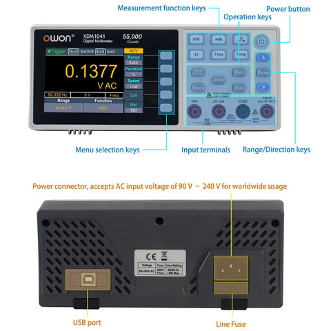 Pro Grade USB RS232 Digital Multimeter XDM1041 55000 Counts High Accuracy Universal Desktop Meter front and back view with labels