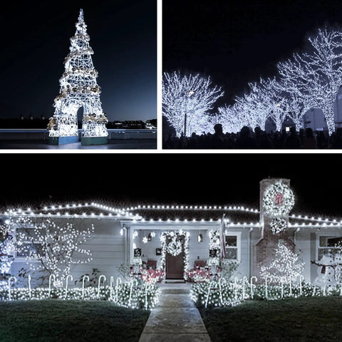 66Ft 200 LED Outdoor String Lights With Battery Pack And Remote Waterproof Fairy Lights illuminating trees and house