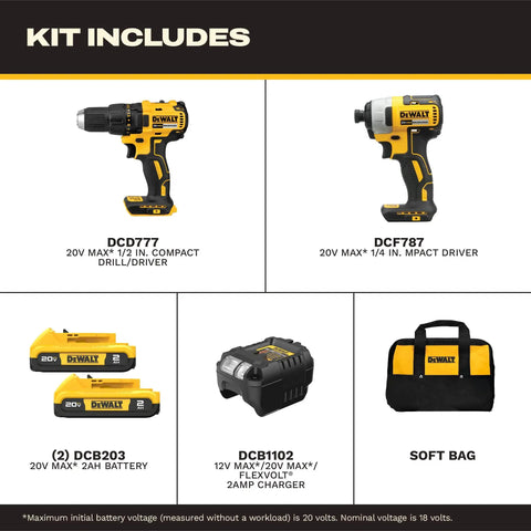 Kit includes 20V Max Cordless Drill and Impact Driver Combo Kit with Brushless Motors, 2 batteries, charger, and bag