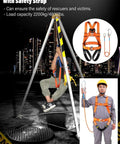 Confined Space Rescue Tripod Kit With 30m Cable in use for sewer maintenance, showing operator with harness and tripod setup.