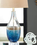 Beachy Glass Table Lamp Set Of 2 In Clear And Blue With Sand Brown Banding, Modern Glass Lamps For Living Room And Bedroom, Drum Shade