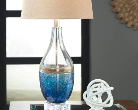 Beachy Glass Table Lamp Set Of 2 In Clear And Blue With Sand Brown Banding, Modern Glass Lamps For Living Room And Bedroom, Drum Shade