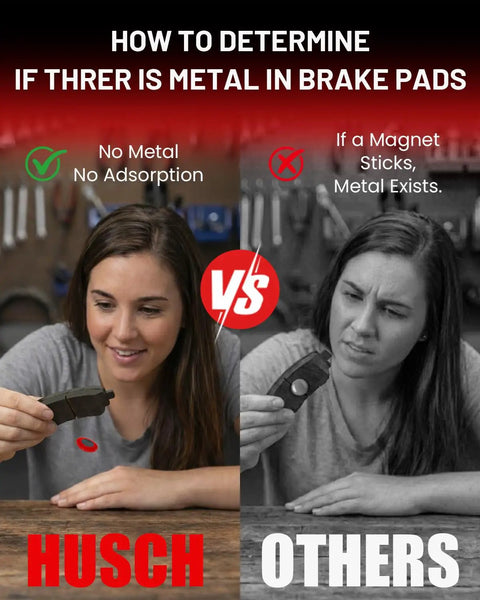Comparison of brake pad metal test: one without metal adsorption on left, one with metal on right, text overlay included.