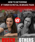 Comparison of brake pad metal content detection with magnets; left shows no metal for ceramic pads, right shows metal presence.
