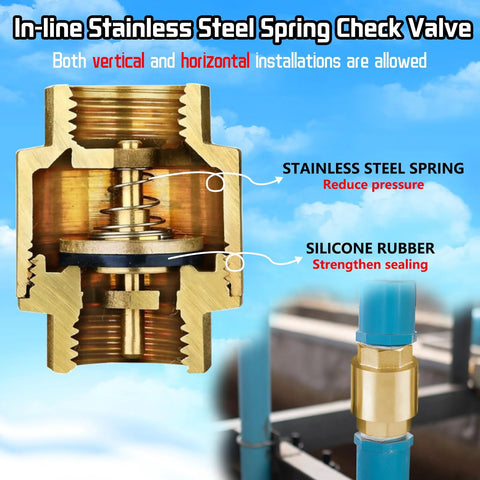 Boltigen brass inline spring check valve, 1/2 in NPT female, cross-section with stainless spring and silicone seal.