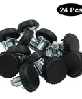 24 Pack Adjustable Furniture Levelers With 1/4-20 Thread Screw In Glides in a pile, showcasing round black base and metal thread.