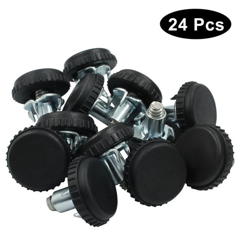 24 Pack Adjustable Furniture Levelers With 1/4-20 Thread Screw In Glides in a pile, showcasing round black base and metal thread.